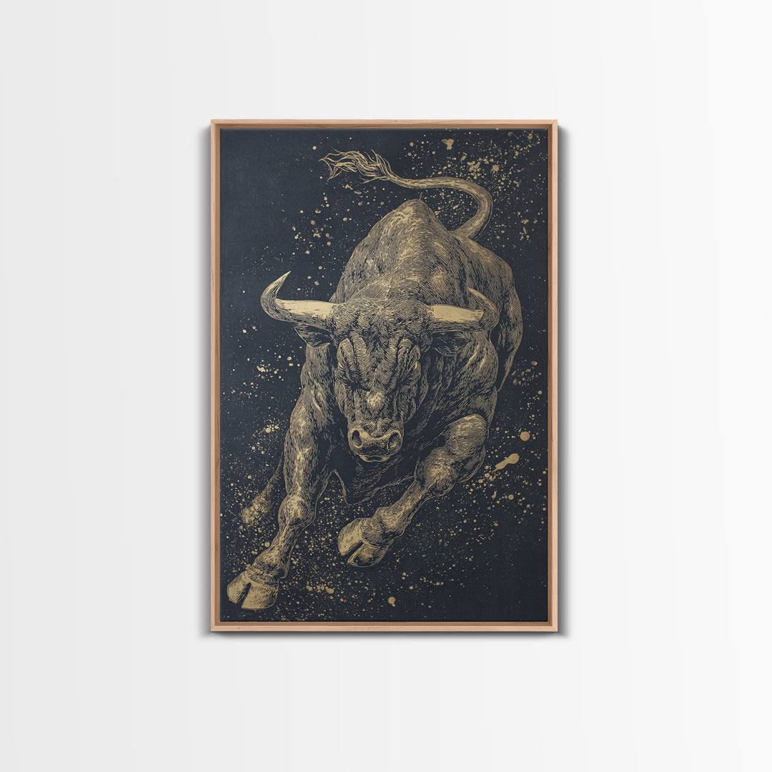 Leaping Bull Canvas Art, Canvas Gold Canvas Print, Framed Canvas Wall Art with Real Wood Frame, Dynamic Animal Modern Decor