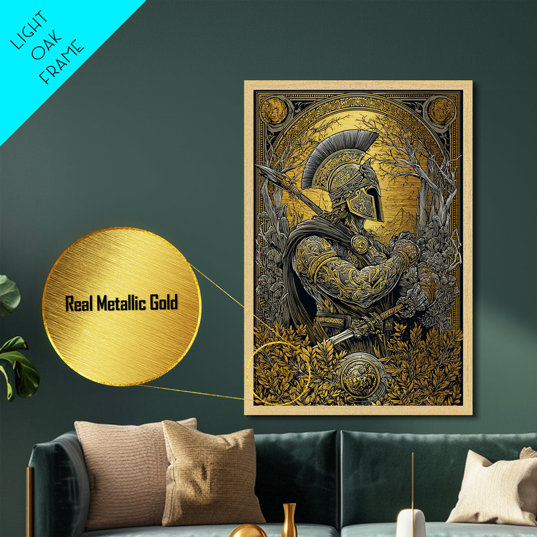Spartan Soldier in Ornate Armor with Spear – Metallic Gold Art, Intricate Metal Art Print, Classical Greece Wall Hanging