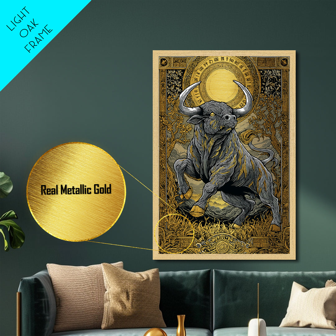 Taurus Zodiac Bull Metal Art, Metallic Gold Metal Print, Framed Metal Wall Art with Real Wood Frame, Ornate Mythic Gallery Decor