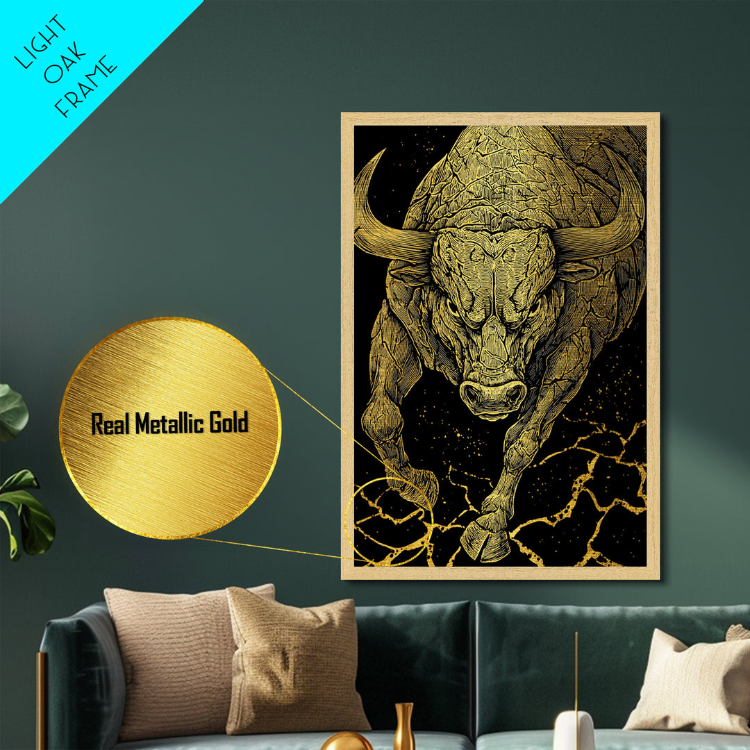 Charging Bull Metallic Gold Metal Print, Framed Metal Wall Art with Real Wood Frame, Dynamic Black and Gold Animal Decor