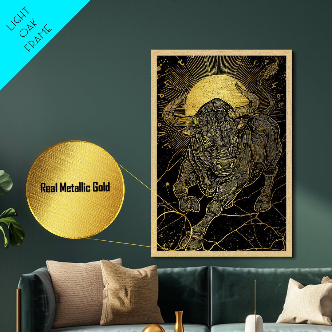 Taurus Bull Metallic Gold Metal Print, Framed Metal Wall Art with Real Wood Frame, Zodiac Sun Disc Black and Gold Gallery Decor