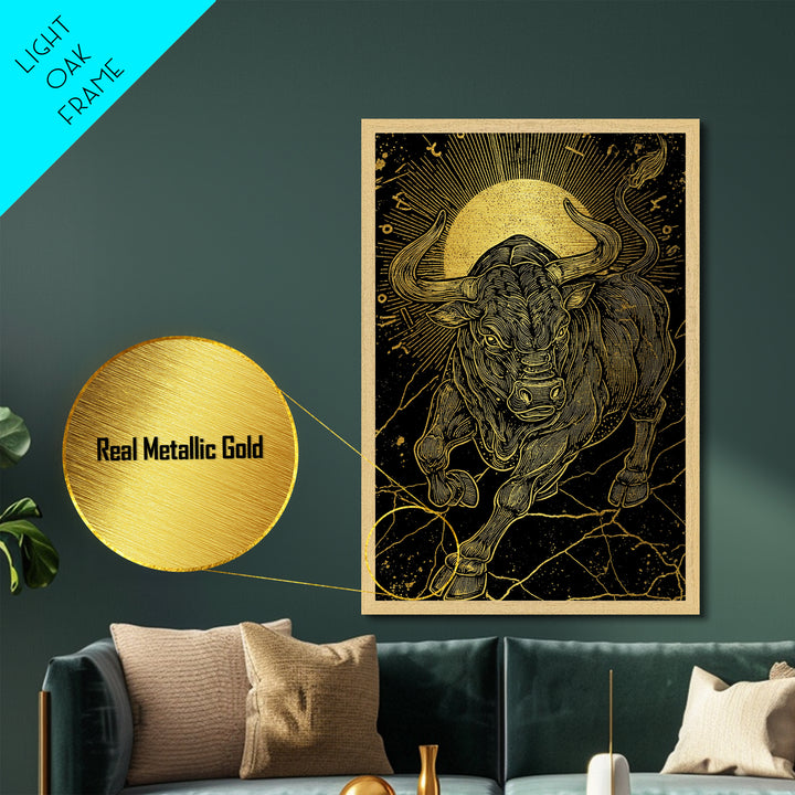 Taurus Bull Metallic Gold Metal Print, Framed Metal Wall Art with Real Wood Frame, Zodiac Sun Disc Black and Gold Gallery Decor