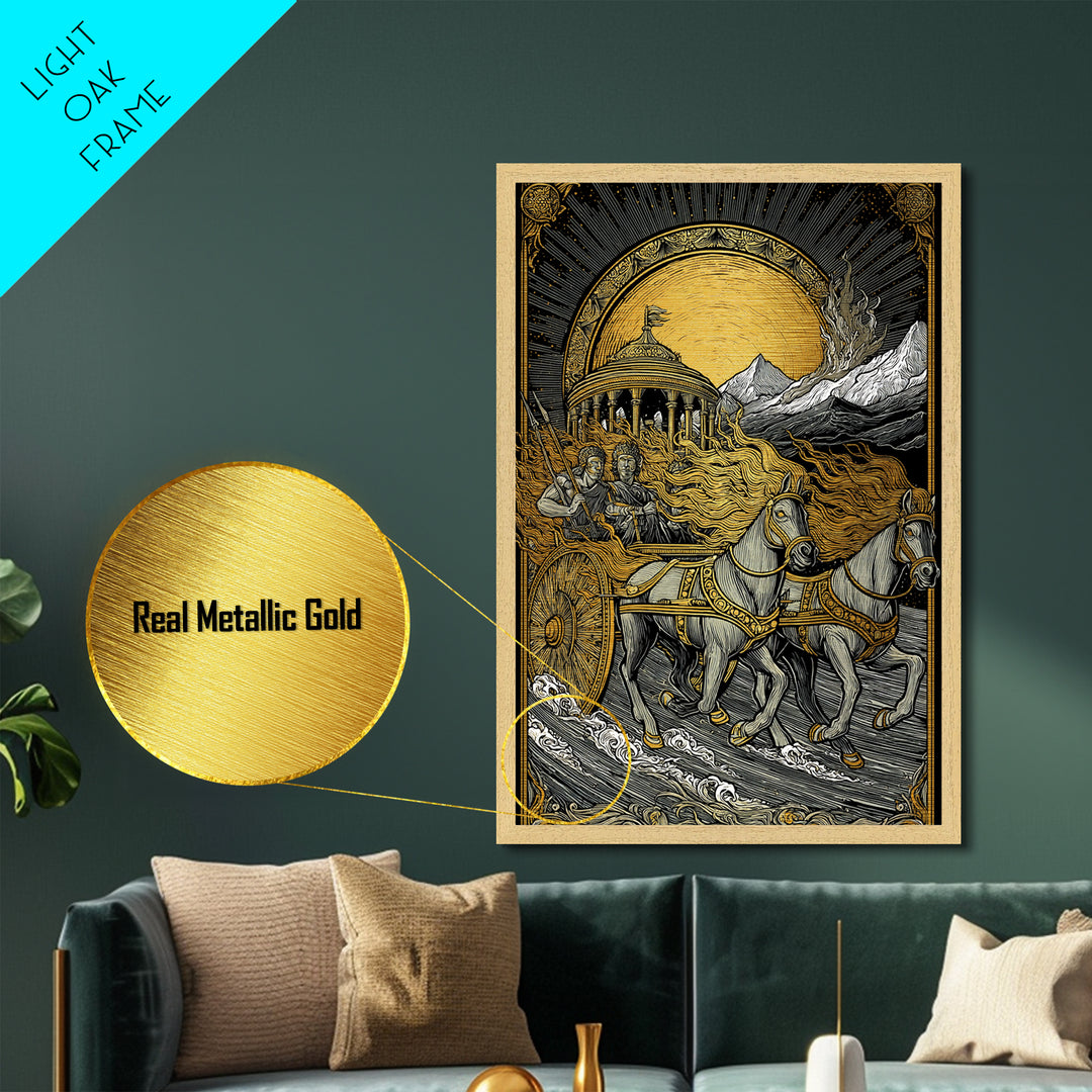 Sun Chariot Metallic Gold Metal Print, Framed Metal Wall Art with Real Wood Frame, Greek Myth Apollo Helios Horses Statement Decor