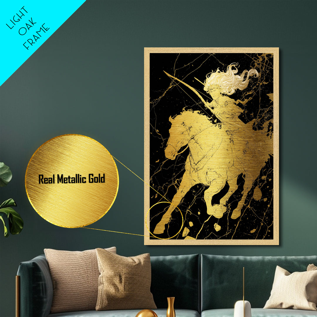 Huntress on Horse Metallic Gold Metal Print, Framed Metal Wall Art with Real Wood Frame, Warrior Goddess Archer Black Gold Decor