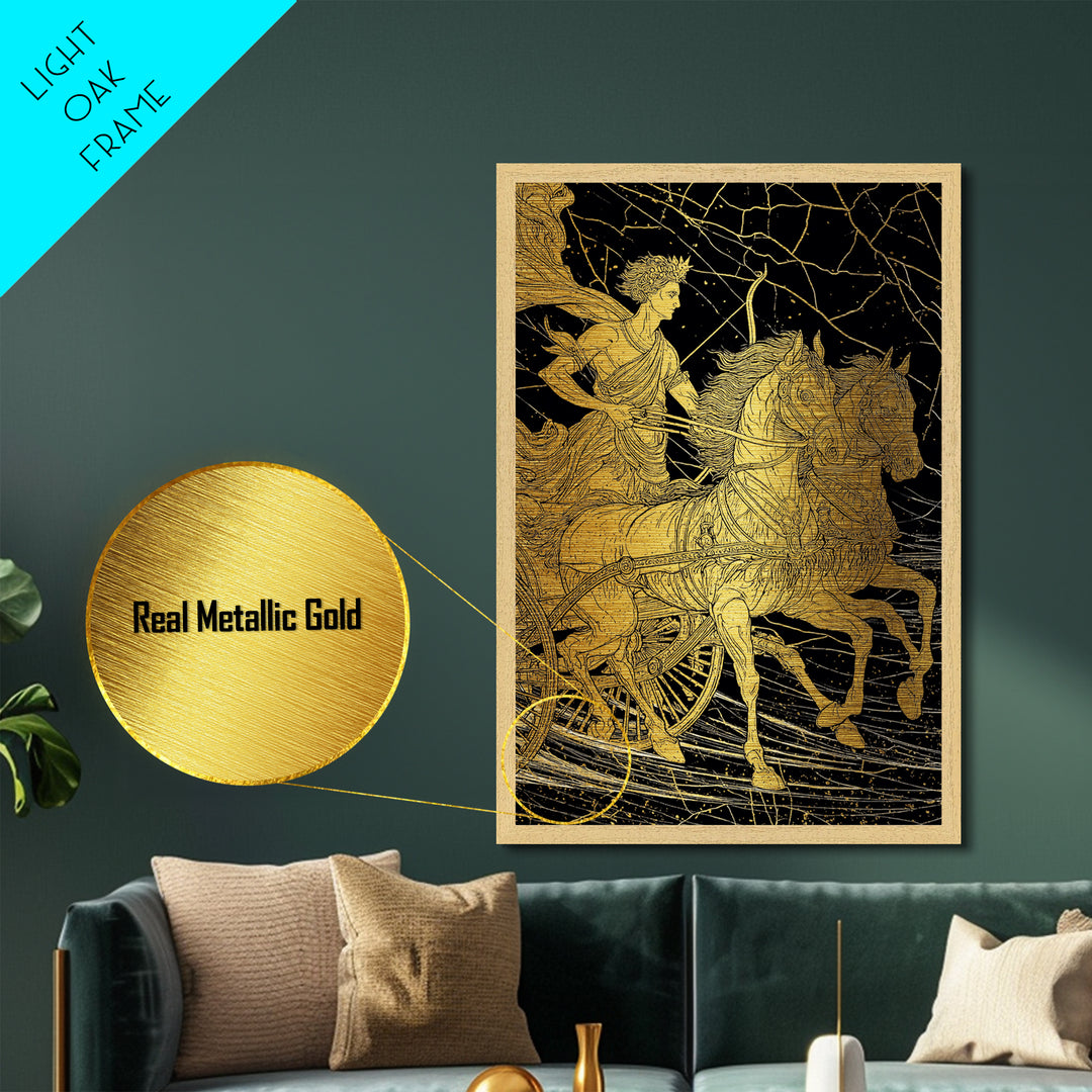Apollo Sun Chariot Metallic Gold Metal Print, Framed Metal Wall Art with Real Wood Frame, Classical Greek God Horses Wall Decor