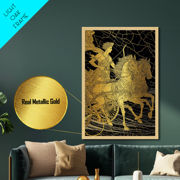 Apollo Sun Chariot Metallic Gold Metal Print, Framed Metal Wall Art with Real Wood Frame, Classical Greek God Horses Wall Decor