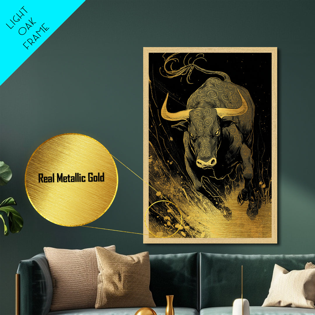 Bull Splash Metallic Gold Metal Print, Framed Metal Wall Art with Real Wood Frame, Powerful Charging Animal Black Gold Decor