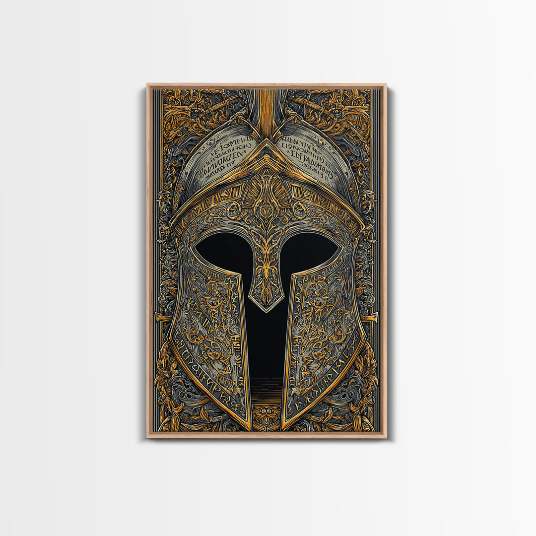 Ornate Spartan Helmet Detail with Inscriptions – Canvas Gold Art for Wall, Classical Armor Canvas Art, Greek Warrior Decor