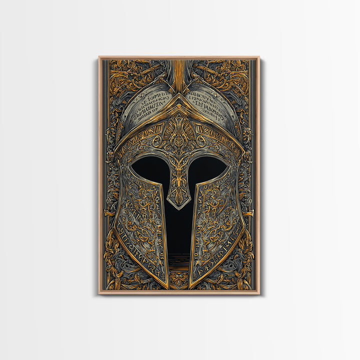 Ornate Spartan Helmet Detail with Inscriptions – Canvas Gold Art for Wall, Classical Armor Canvas Art, Greek Warrior Decor