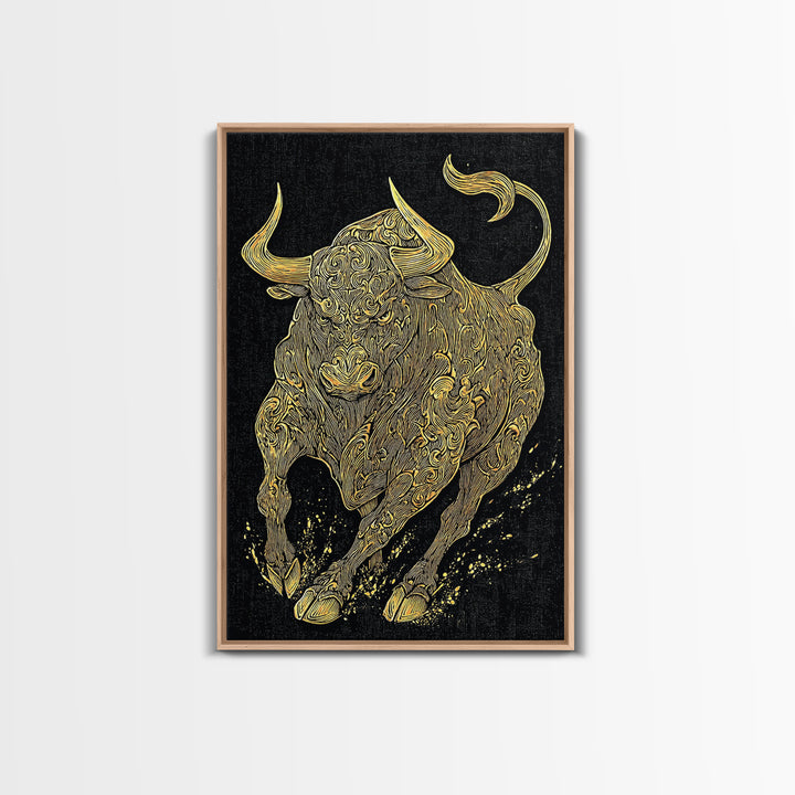 Ornate Bull Canvas Gold Canvas Print, Framed Canvas Wall Art with Real Wood Frame, Decorative Swirl Pattern Animal Gallery Decor