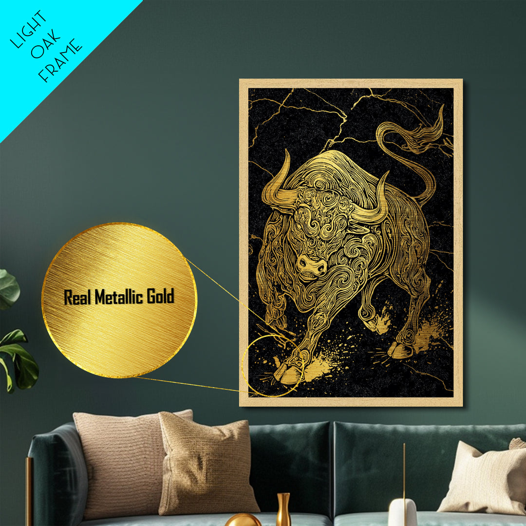 Ornate Bull Metallic Gold Metal Print, Framed Metal Wall Art with Real Wood Frame, Black and Gold Animal Decor for Luxury Home