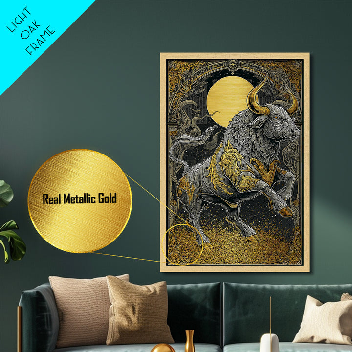 Regal Bull Metallic Gold Metal Print, Framed Metal Wall Art with Real Wood Frame, Mythic Black and Gold Zodiac Decor for Gallery