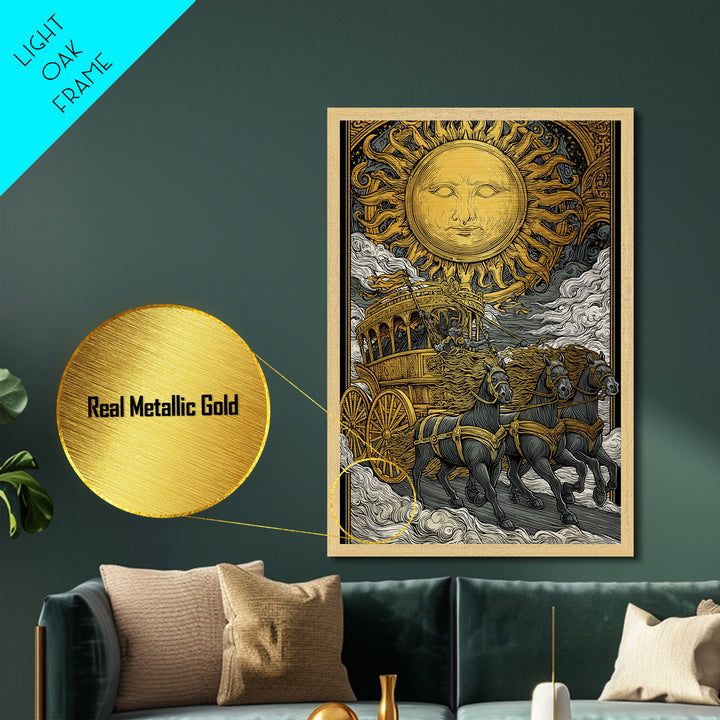 Sun Chariot Metallic Gold Metal Print, Framed Metal Wall Art with Real Wood Frame, Greek Myth Apollo Horses Statement Decor