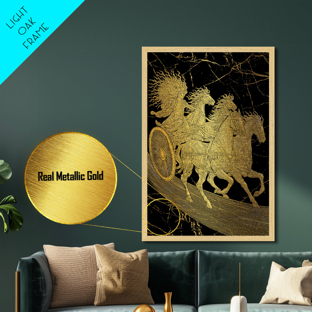 Golden Chariot Metallic Gold Art, Framed Metal Wall Art with Real Wood Frame, Classical Black and Gold Greek Myth Horse Decor