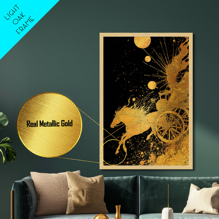 Celestial Chariot Metallic Gold Art, Framed Metal Wall Art with Real Wood Frame, Radiant Greek Myth Sun and Horse Wall Decor