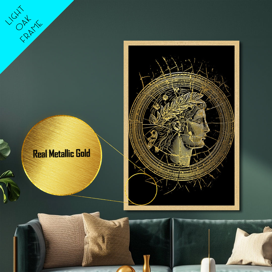 Greek Coin Profile Metallic Gold Metal Print, Framed Metal Wall Art with Real Wood Frame, Black and Gold Classical Portrait Decor