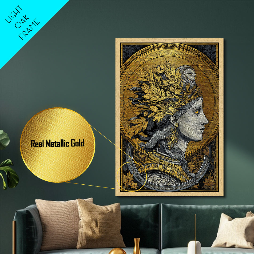 Athena Portrait Metallic Gold Metal Print, Framed Metal Wall Art with Real Wood Frame, Greek Goddess with Owl Luxury Home Decor