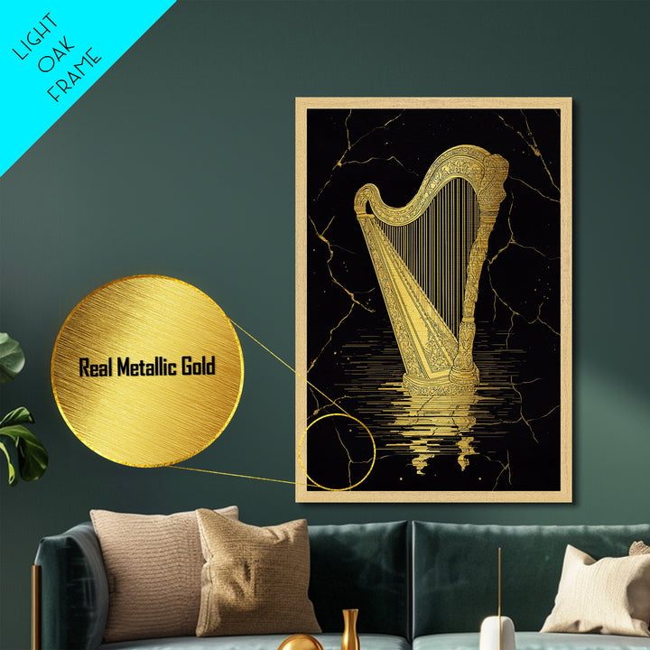 Golden Harp Metallic Gold Metal Print, Framed Metal Wall Art with Real Wood Frame, Black and Gold Classical Instrument Decor