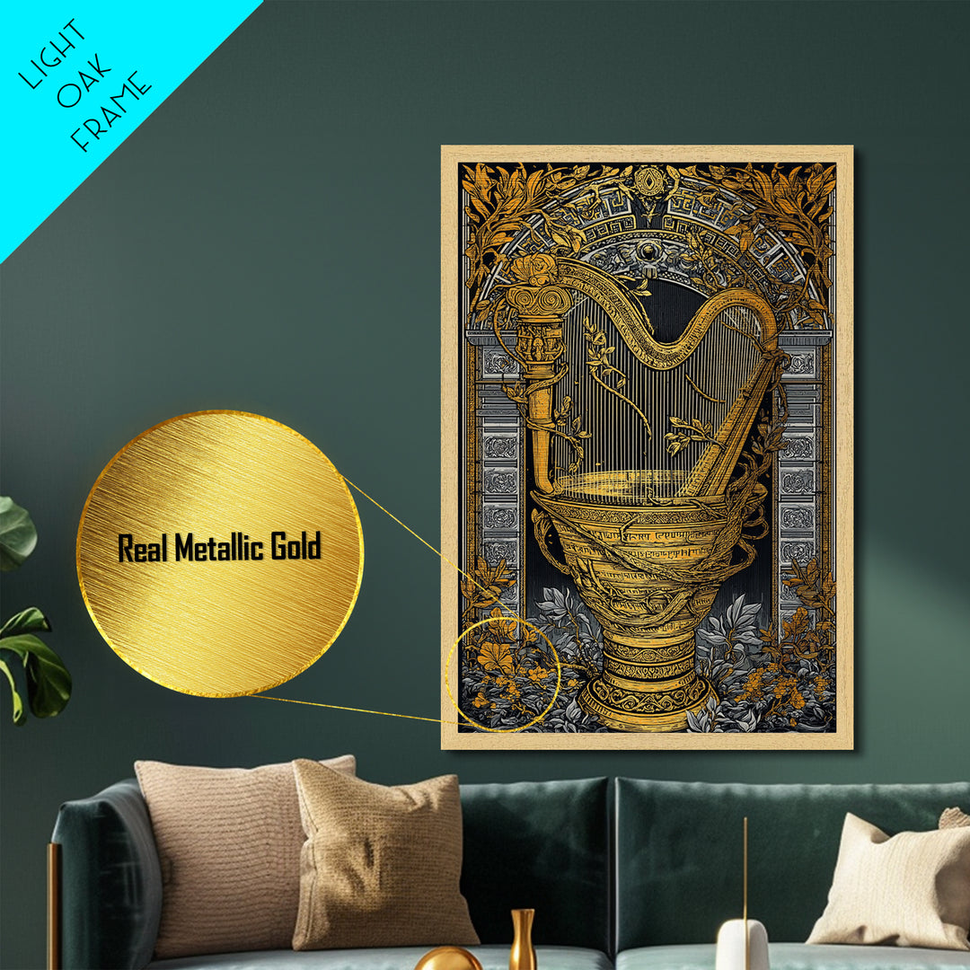 Ornate Harp Metallic Gold Art, Framed Metal Wall Art with Real Wood Frame, Black and Gold Botanical Classical Music Wall Decor