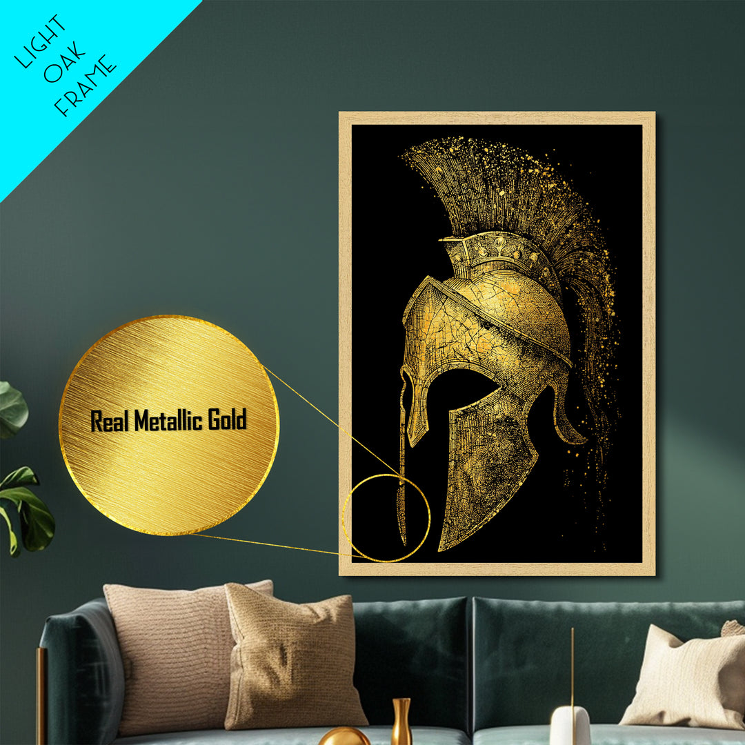 Spartan Helmet Metallic Gold Metal Print, Framed Metal Wall Art with Real Wood Frame, Black and Gold Greek Warrior Decor