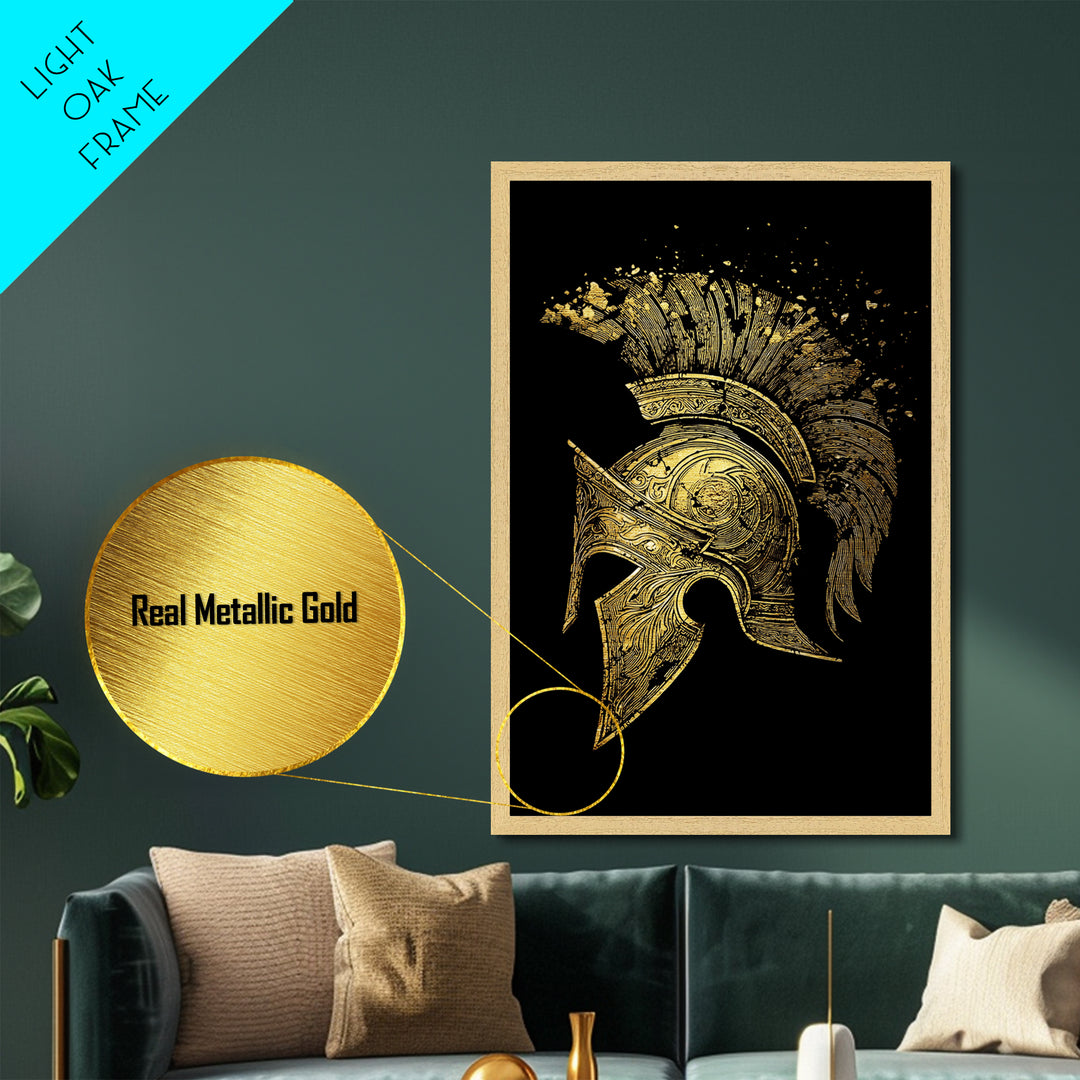 Spartan Helmet Metallic Gold Metal Print – Ancient Warrior Art on Premium Metal with Real Wood Frame – Greek History Wall Decor