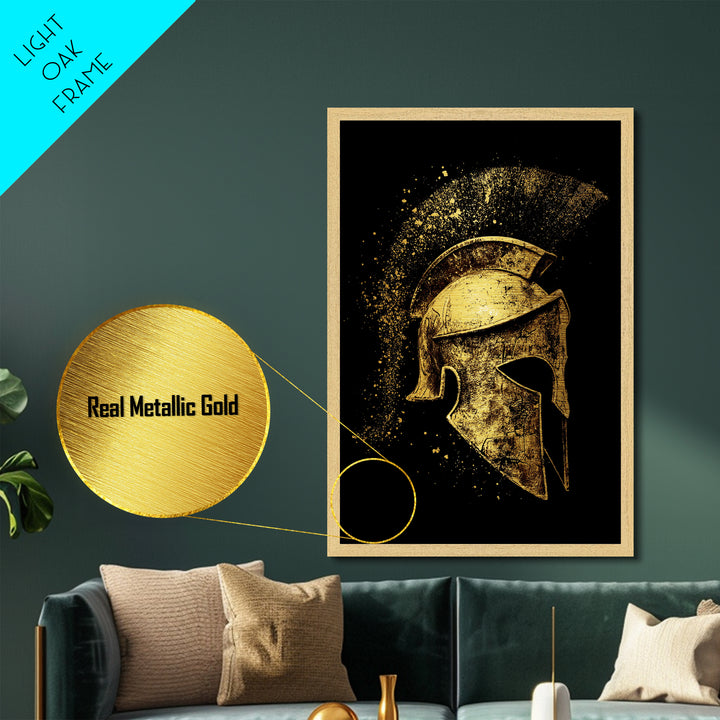 Greek Warrior Helmet Metallic Gold Metal Print – Ancient Sparta Wall Art with Real Wood Frame – Bold Historical Home Decor