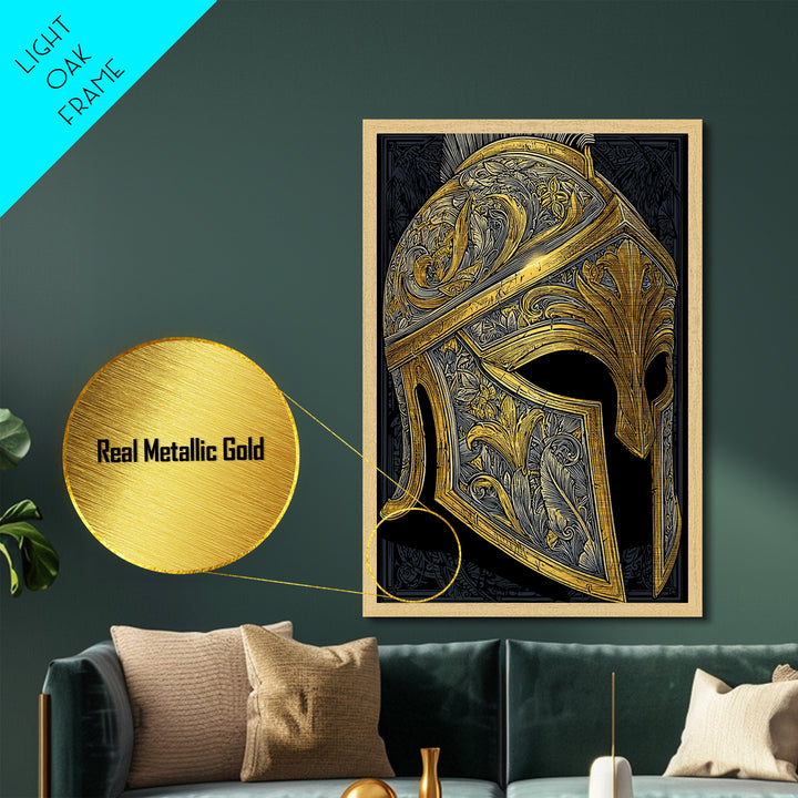 Ornate Spartan Helmet Metallic Gold Art – Intricate Ancient Warrior Wall Print on Metal with Real Wood Frame – Greek Decor