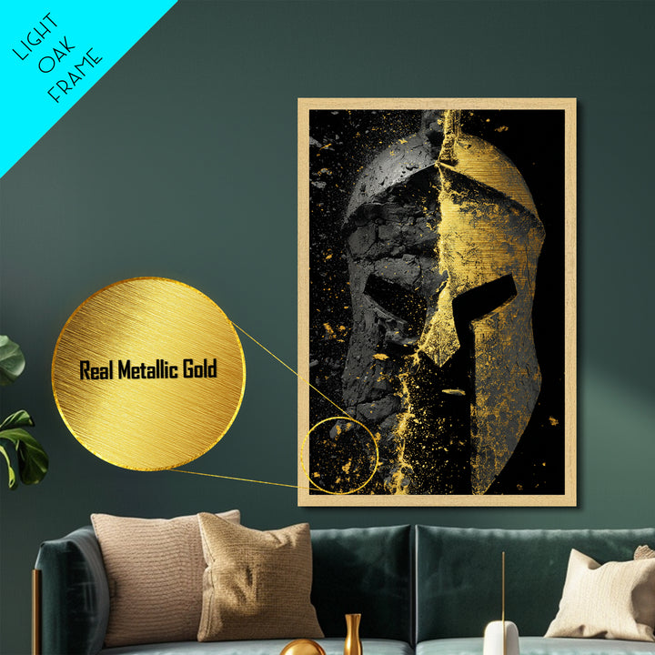 Shattered Spartan Helmet Metallic Gold Metal Print – Half Black Rock Half Gold Warrior Art – Real Wood Frame Home Wall Decor