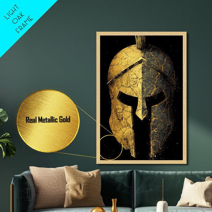 Cracked Warrior Helmet Metallic Gold Art – Ancient Greek Sparta Wall Metal Print with Real Wood Frame – Bold Home Decor
