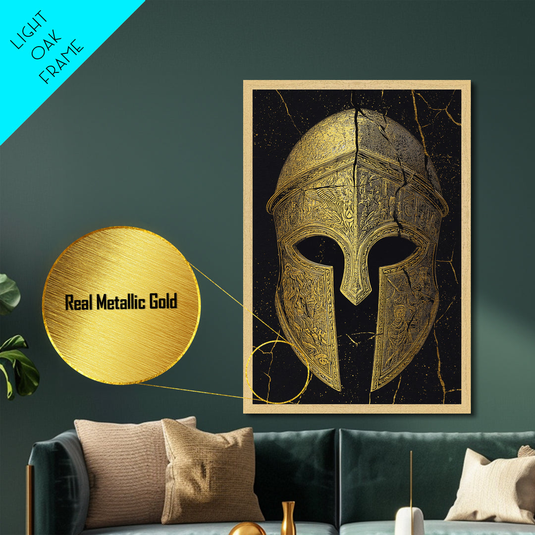 Detailed Spartan Helmet Metallic Gold Metal Print – Engraved Greek History Art with Real Wood Frame – Warrior Wall Decor