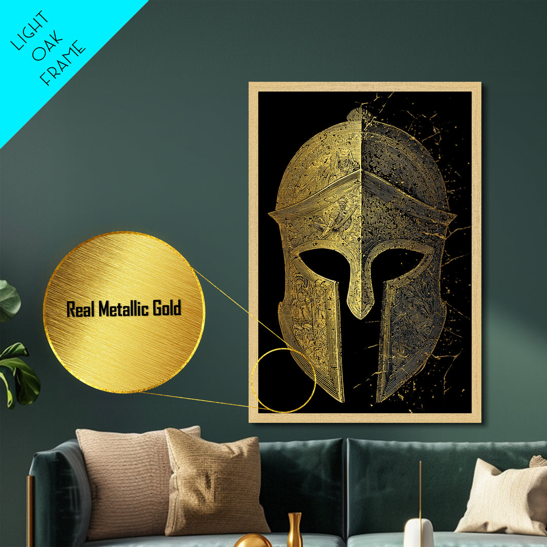 Historic Greek Helmet Metallic Gold Art – Ancient Battle Warrior Wall Metal Print with Real Wood Frame – Museum Quality Decor