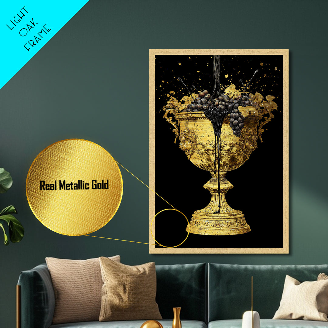 Luxurious Golden Chalice Metallic Gold Metal Print – Grapes & Wine Still Life Wall Art with Real Wood Frame – Elegant Kitchen Decor