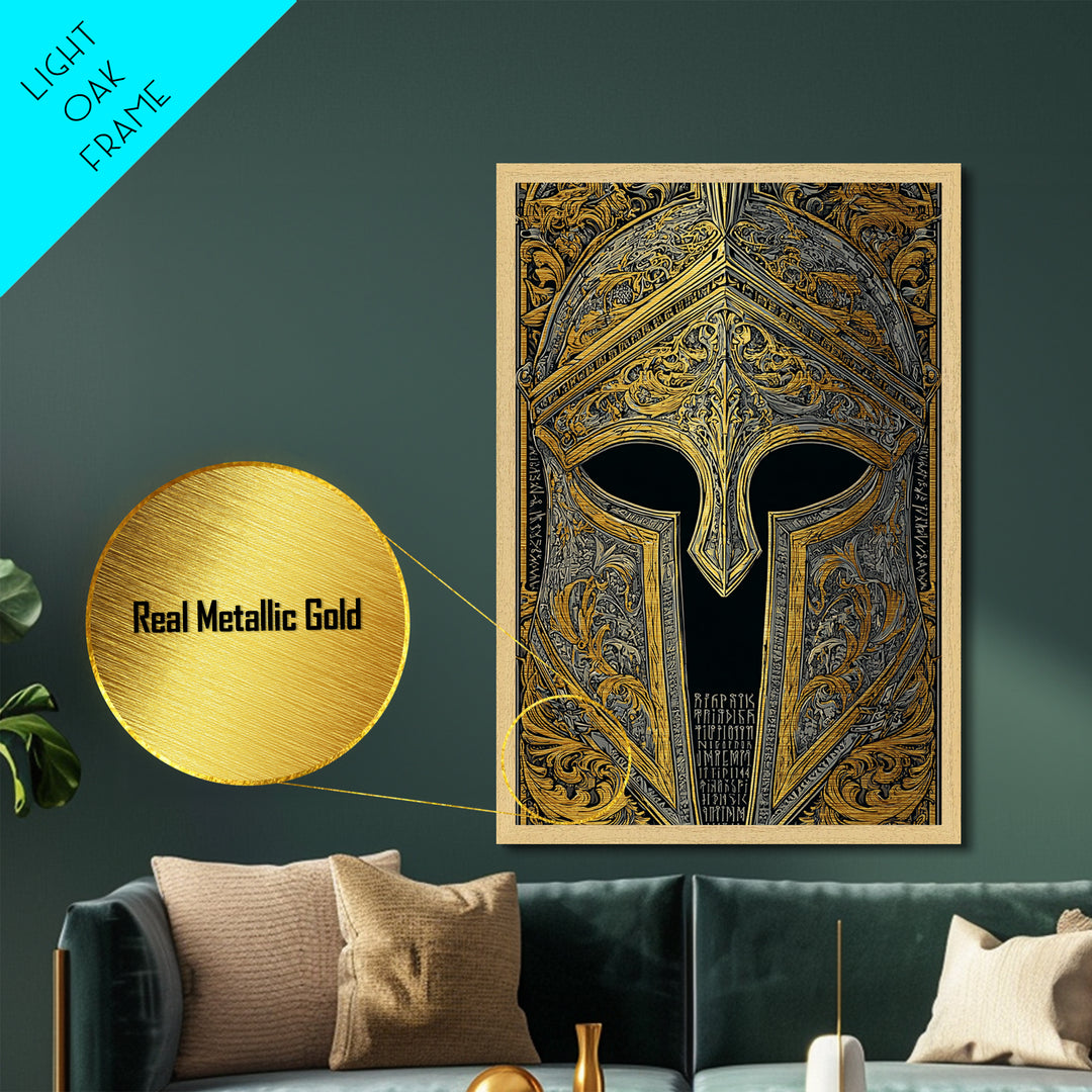 Runic Spartan Helmet with Ornate Gold Carving – Metallic Gold Art, Intricate Ancient Helmet Metal Art, Mythic Warrior Decor
