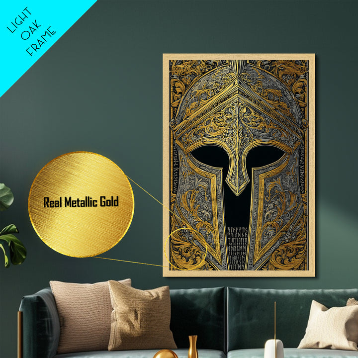 Runic Spartan Helmet with Ornate Gold Carving – Metallic Gold Art, Intricate Ancient Helmet Metal Art, Mythic Warrior Decor