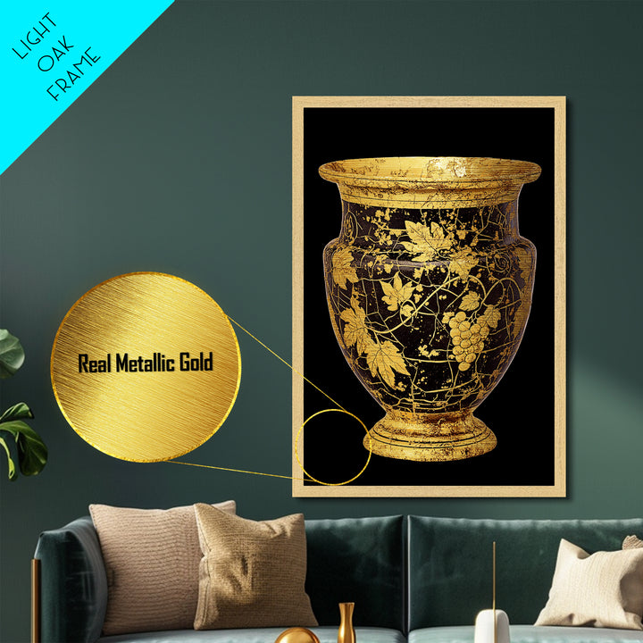 Black & Gold Grape Vase Metallic Gold Metal Print – Elegant Vine & Wine Themed Wall Art with Real Wood Frame – Modern Classic Decor