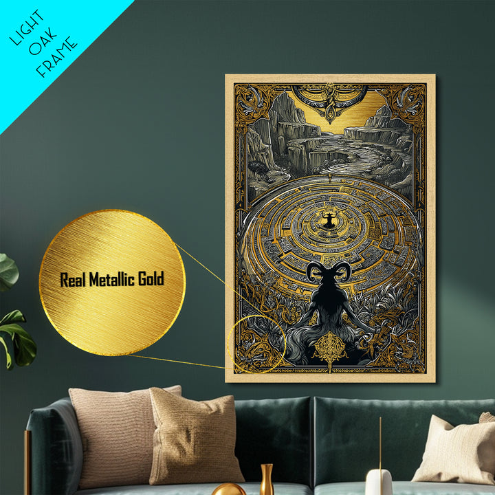 Labyrinth Minotaur Fantasy Scene Metallic Gold Metal Print with Real Wood Frame – Mythology Inspired Wall Art