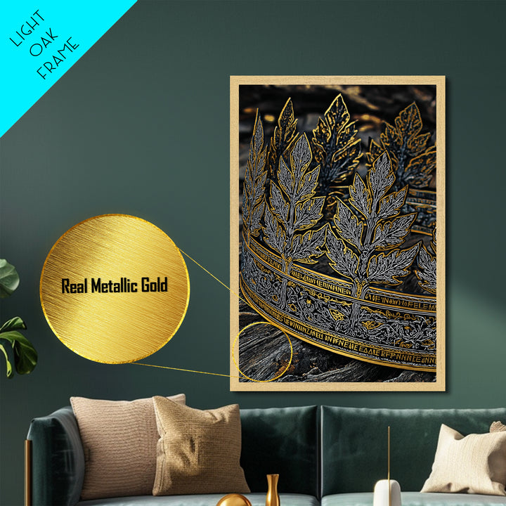 Laurel Leaf Crown Metallic Gold Art Print with Real Wood Frame – Regal Nature-Inspired Decorative Wall Piece