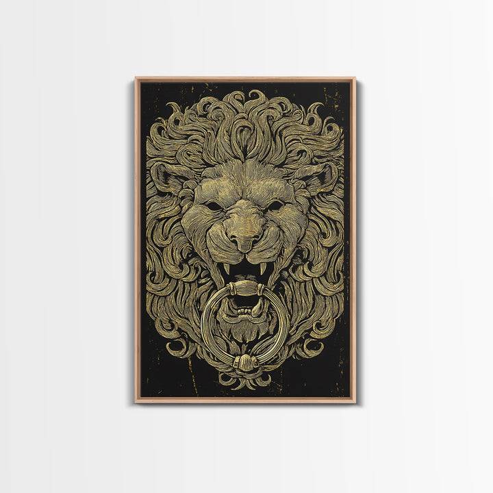 Vintage Lion Head Door Knocker Canvas Gold Canvas Print with Real Wood Frame – Bold Statement Wall Art