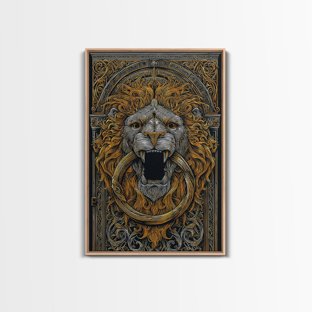 Ornate Lion Door Knocker Canvas Gold Canvas Print with Real Wood Frame – Luxury Victorian Style Wall Decor