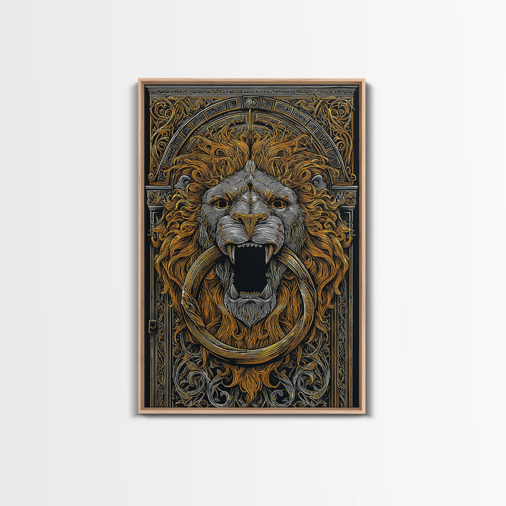 Ornate Lion Door Knocker Canvas Gold Canvas Print with Real Wood Frame – Luxury Victorian Style Wall Decor