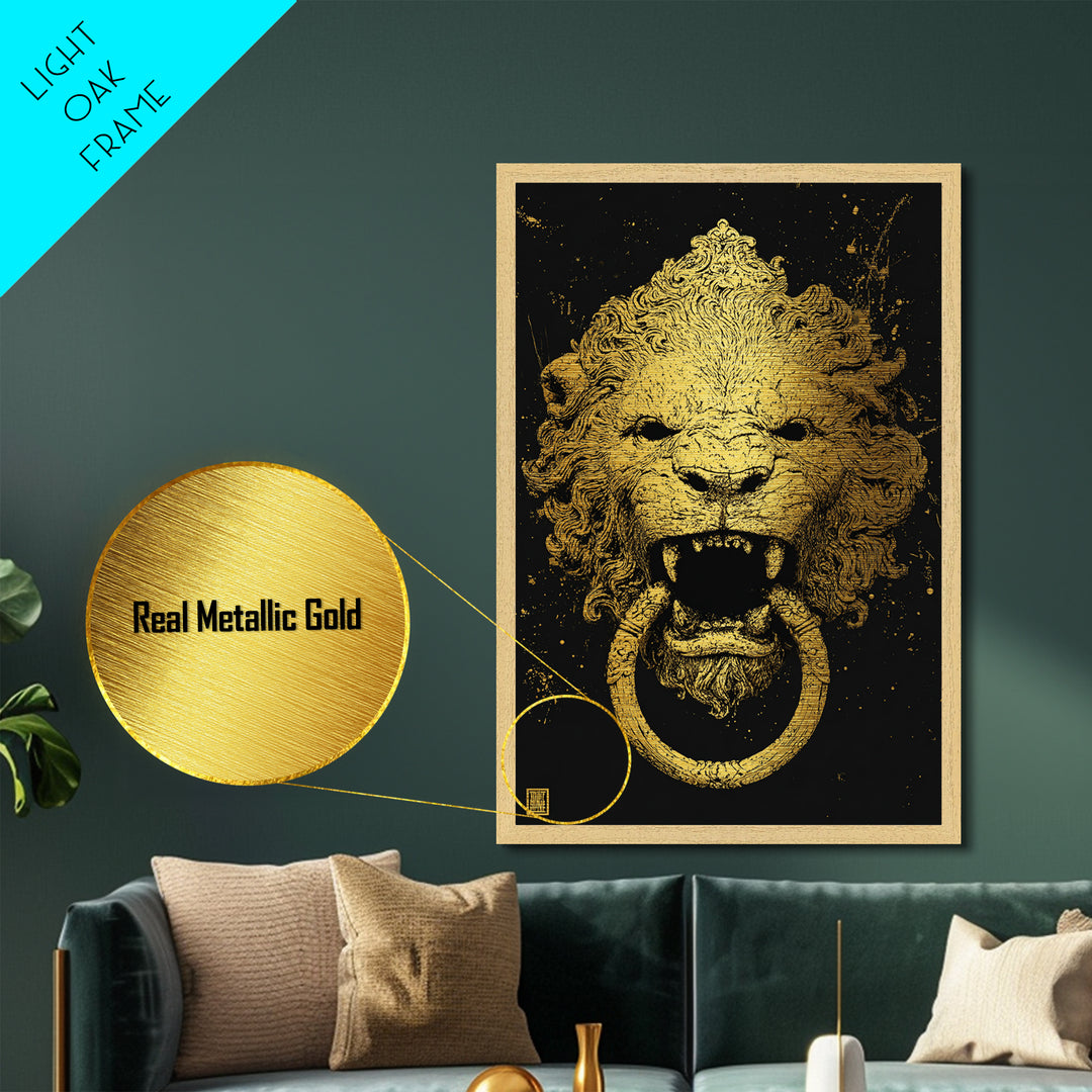 Aged Lion Door Knocker Metallic Gold Art Print with Real Wood Frame – Rustic Antique-Inspired Home Wall Art