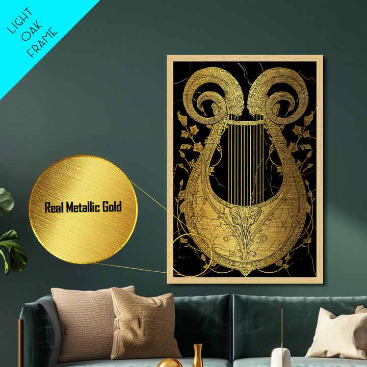 Ancient Ram Horn Lyre Metallic Gold Art Print with Real Wood Frame – Classical Mythology Inspired Wall Art