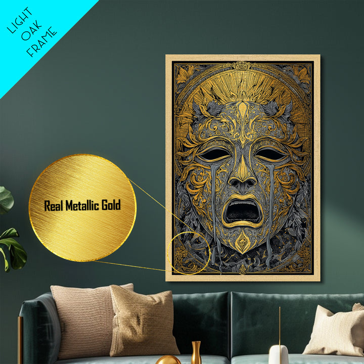Crying Ornate Mask Metallic Gold Metal Print with Real Wood Frame – Dramatic Theatrical Inspired Wall Art