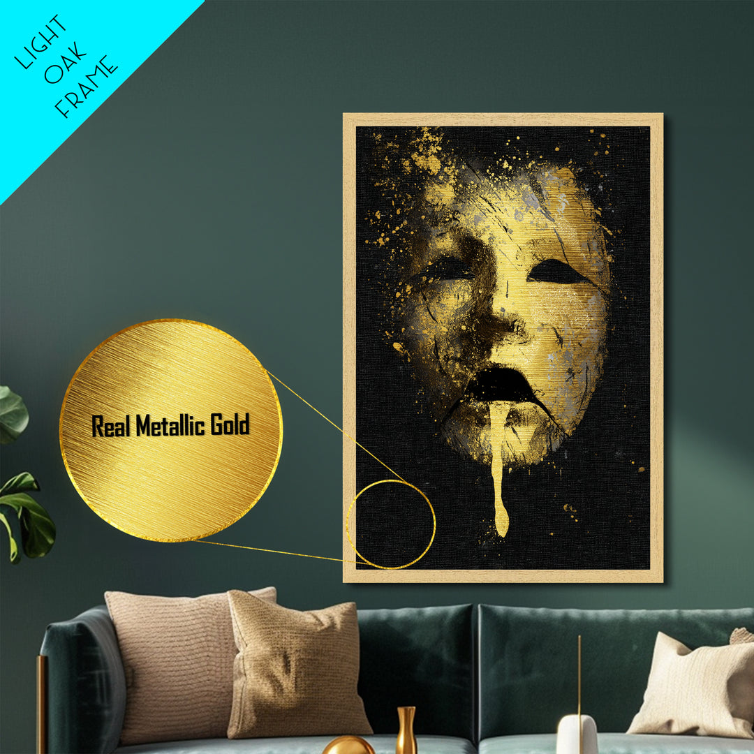 Abstract Gold-Drip Mask Metallic Gold Art Print with Real Wood Frame – Modern Surreal Face Wall Decor
