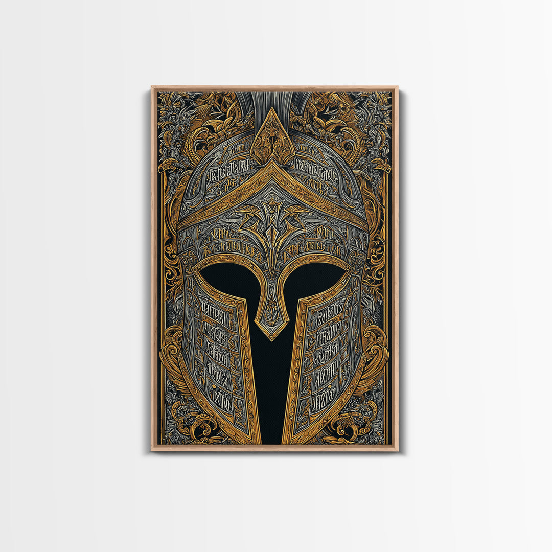 Fantasy Spartan Helmet with Dragon Ornament – Canvas Gold Art, Elaborate Canvas Art Print, Ancient Warrior Wall Decoration