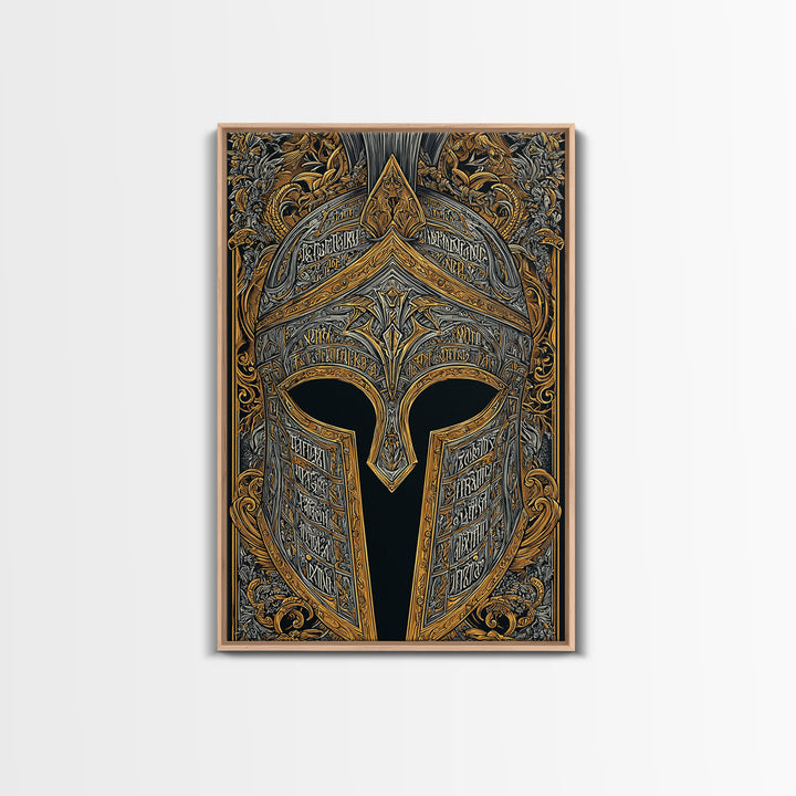 Fantasy Spartan Helmet with Dragon Ornament – Canvas Gold Art, Elaborate Canvas Art Print, Ancient Warrior Wall Decoration
