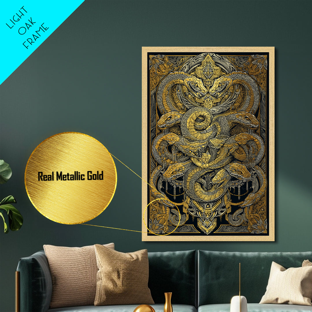The Serpent Conclave – A Tangled Reign of Golden Scales, Metal Art, Metallic Gold Print, Metal Wall Art, Man Cave Decor