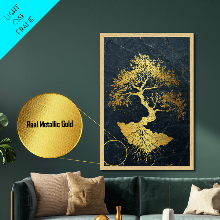 The Gilded Bonsai – Roots Anchored in Stone and Time, Metal Art, Metallic Gold Print, Metal Wall Art, Man Cave Decor