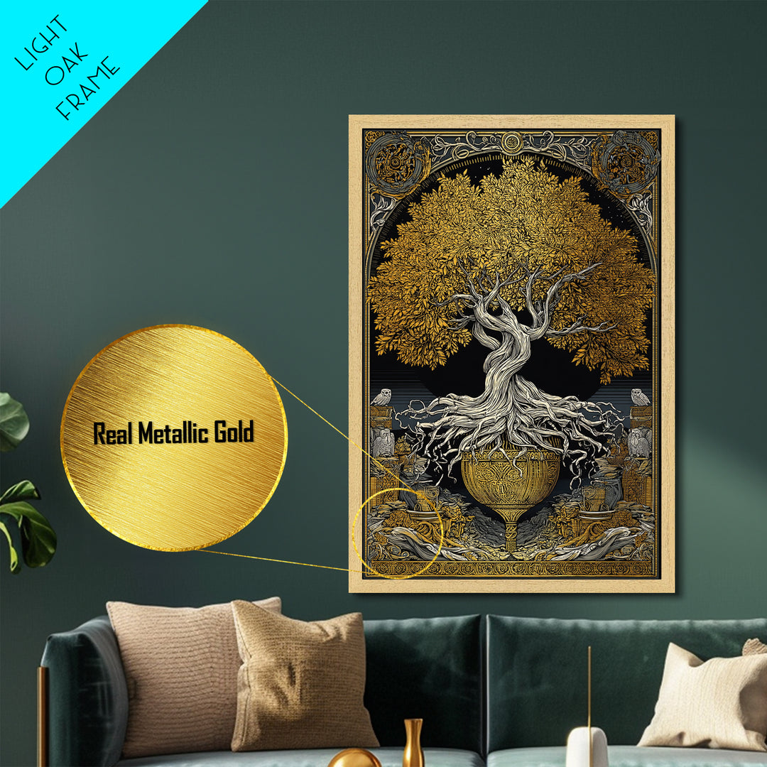 Yggdrasil’s Chalice – The Eternal Tree of Knowledge and Life, Metal Art, Metallic Gold Print, Metal Wall Art, Man Cave Decor