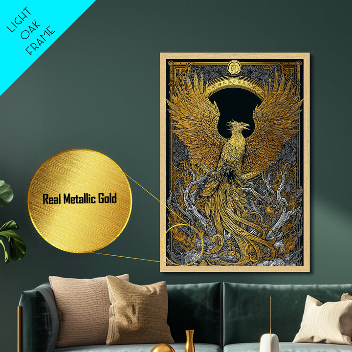 Phoenix Ascendant – Flames and Feathers of Rebirth, Metal Art, Metallic Gold Print, Metal Wall Art, Man Cave Decor